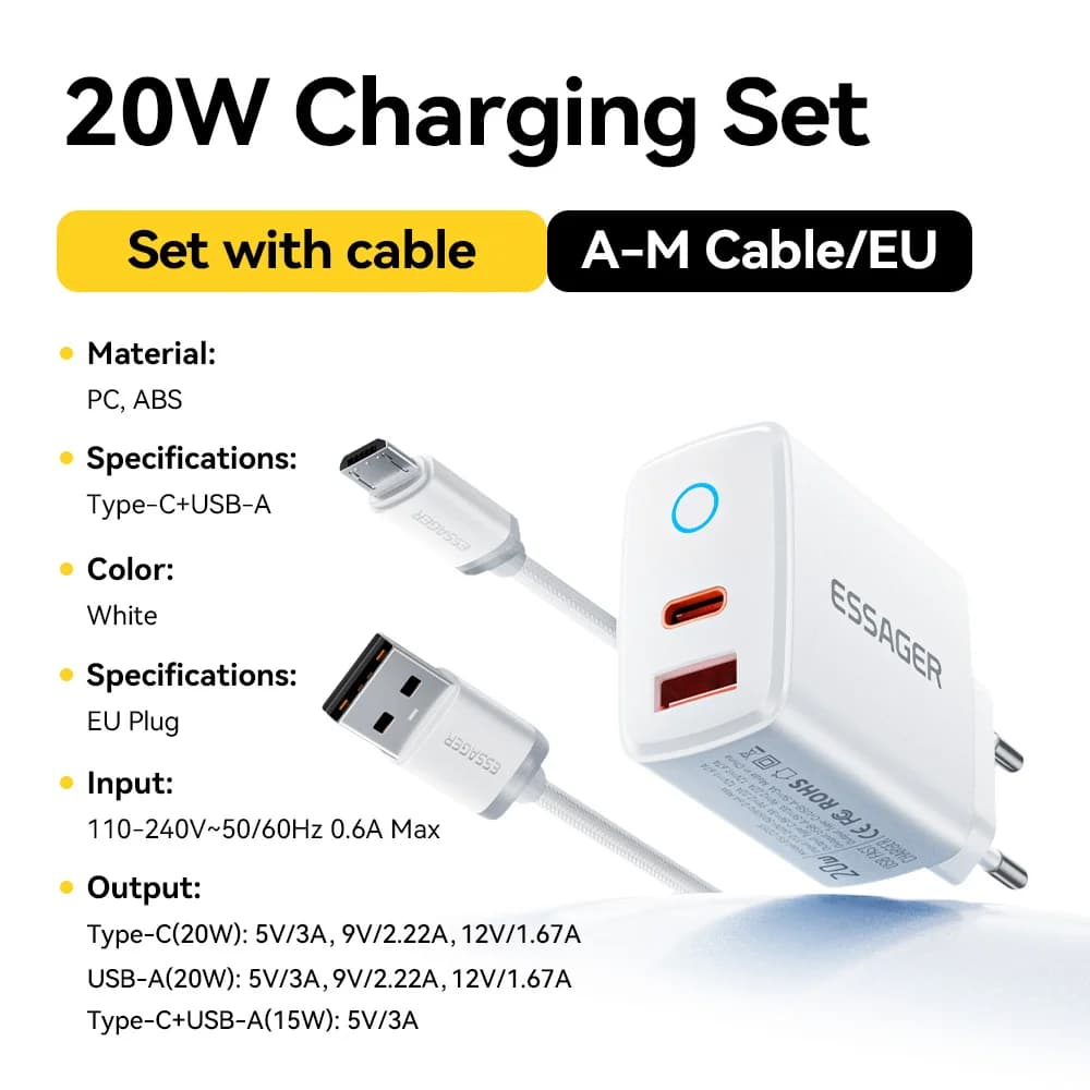 Σετ Γρήγορου Φορτιστή 20W USB-C PD