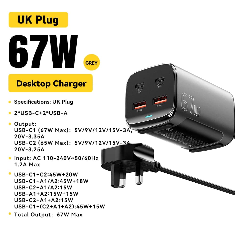 Φορτιστής Επιτραπέζιος Γρήγορης Φόρτισης USB-C GaN 67W